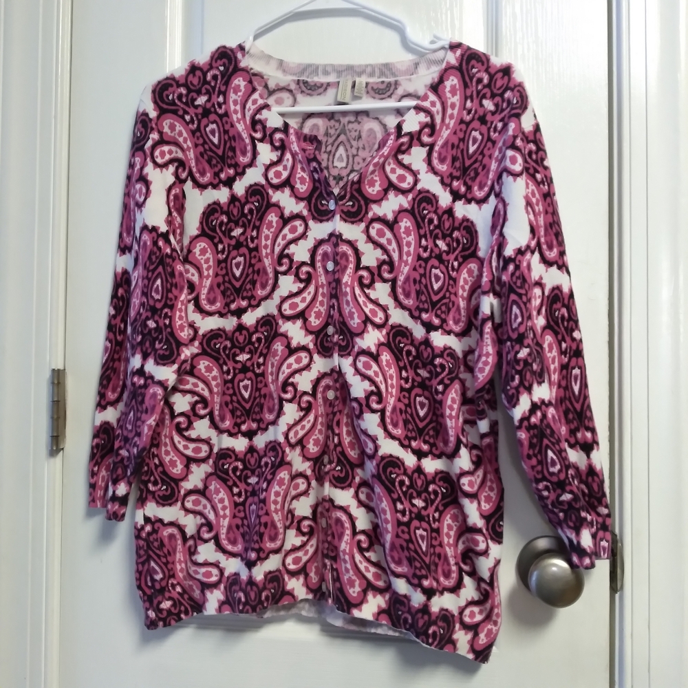 Women's Pink Patterned Sweater Cardigan L Fall Church Dressy Floral
